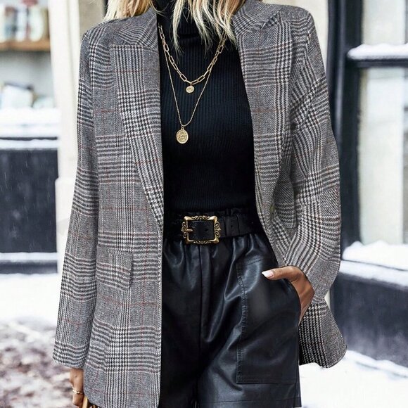 Chocolate Brown Casual Women's Plaid Print Elegant Long Sleeve Blazer - Picture 1 of 4
